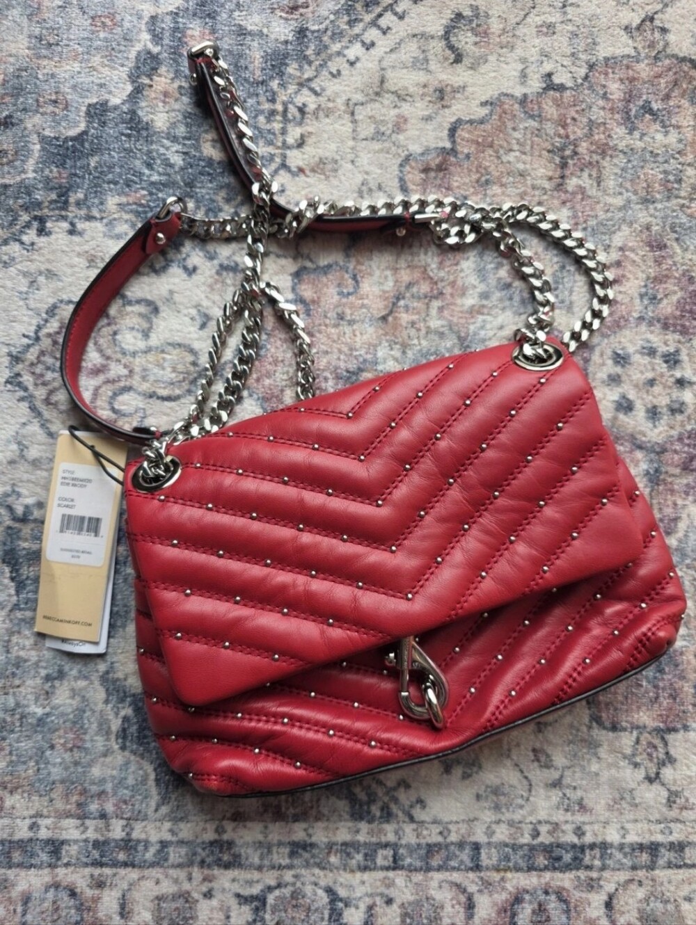 Quilted Red Chain Shoulder Bag - Stud Detail